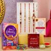 eCraftIndia Set of 4 Red, Golden White Pearls Rakhis for Brothers with Chocolate, Cadbury Celebrations Gift Pack of 5 Assorted Chocolates, Rakhi with Chocolate Gift - Roli Chawal Pack view 1