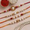 eCraftIndia Set of 4 Red, Golden White Pearls Rakhis for Brothers with Chocolate, Cadbury Celebrations Gift Pack of 5 Assorted Chocolates, Rakhi with Chocolate Gift - Roli Chawal Pack view 3