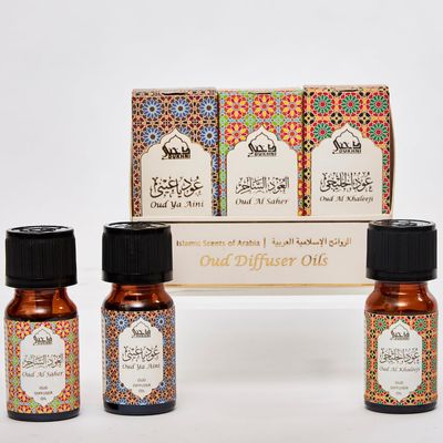 Arabian Oudh Diffuser Oil Set, Essential Oils by Dukhni | 3 x 10ml Oud Oil Gift Set for diffuser & humidifier | 100% Pure Islmaic Oils | Relax with home aromatherapy, for stress relief and massage