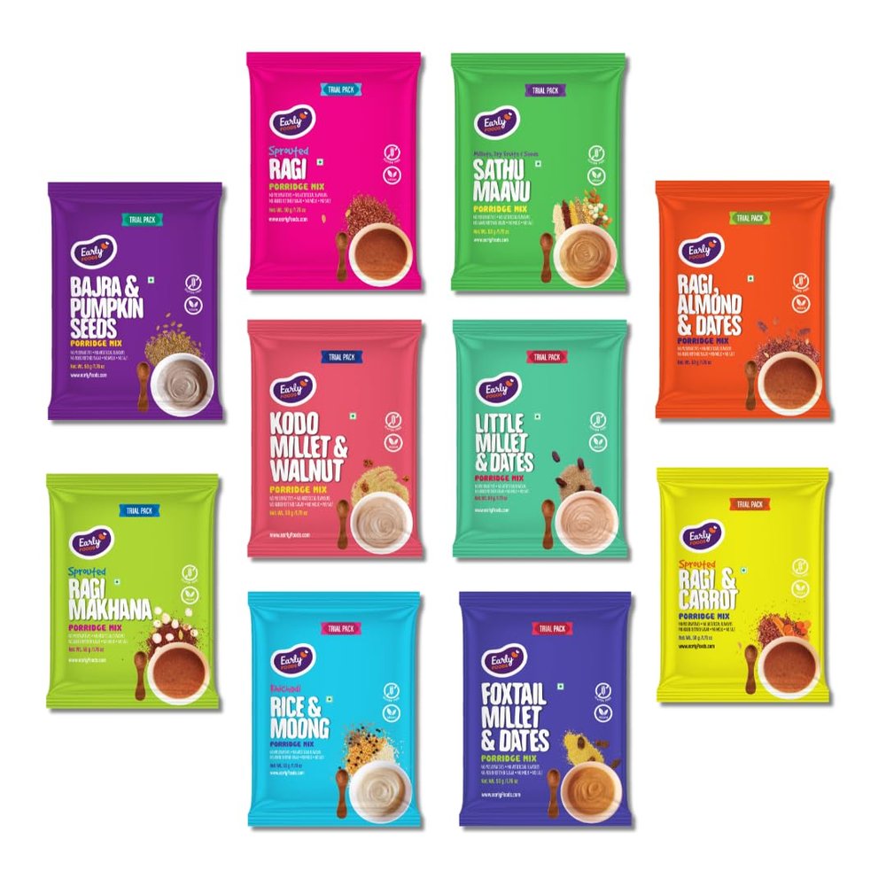 Early Foods - No Added Sugar No Salt Cereals - Trial Pack Combo of 10 - Sprouted Ragi Powder, Sathu Maavu, Rice, Whole Wheat & Millet Porridge Mixes with Dry Fruits | 50g X 10