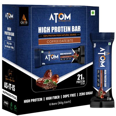 Asitis Nutrition Atom High Protein Bar,20Gm Protein,Pack Of 6 (60Gm X 6), Coffee Date Bite