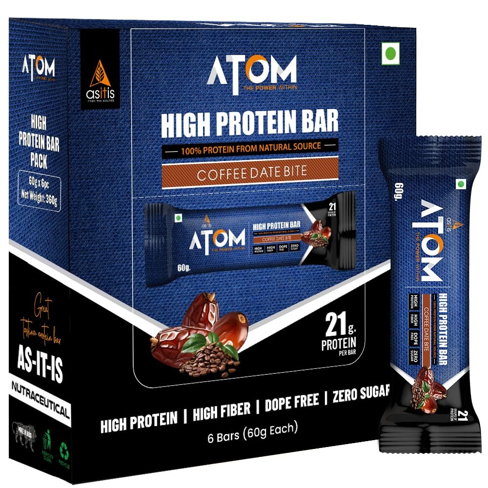 Asitis Nutrition Atom High Protein Bar,20Gm Protein,Pack Of 6 (60Gm X 6), Coffee Date Bite