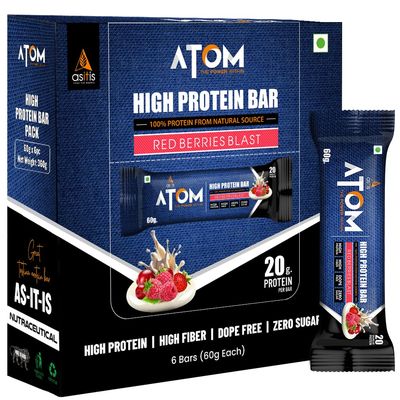 Asitis Nutrition Atom High Protein Bar,20Gm Protein,Pack Of 6 (60Gm X 6), Red Berry Blast
