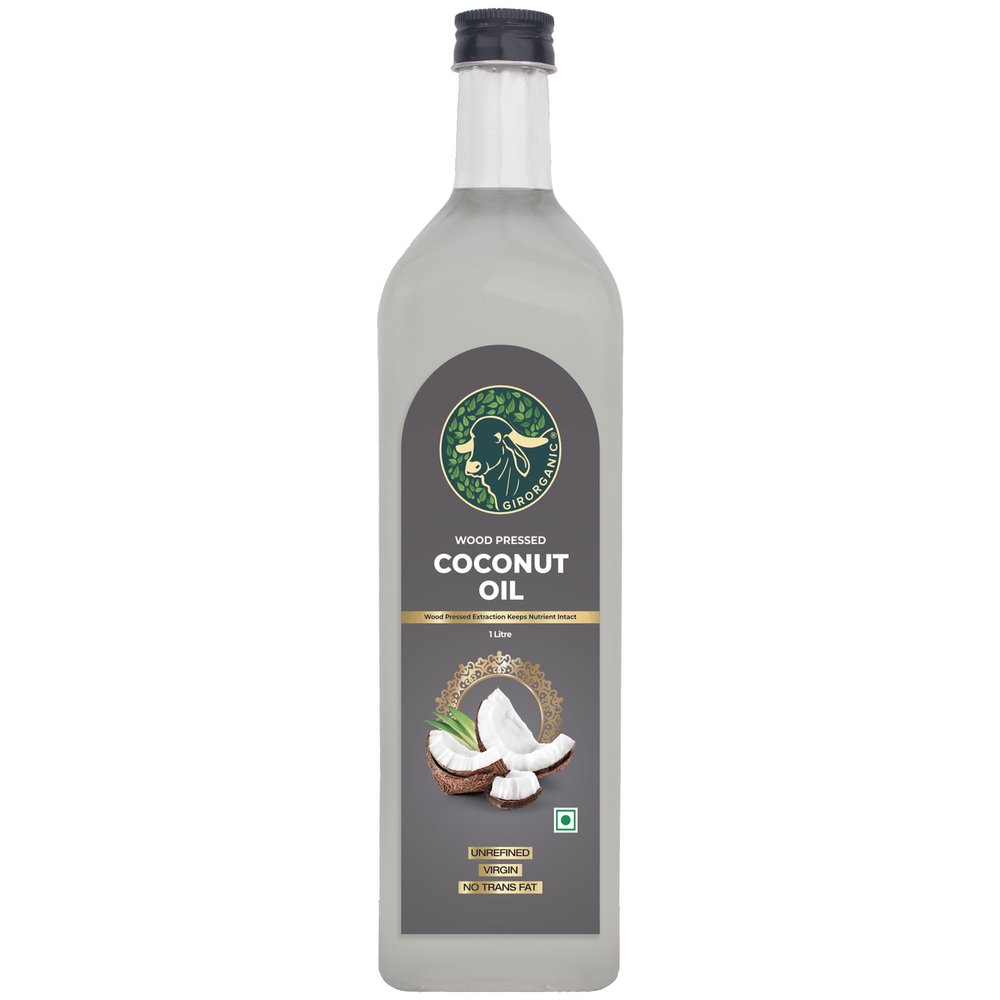 GirOrganic Wood Press Coconut Oil - 1 Litre (Glass Bottle) | Kacchi Ghani | Virgin | Unrefined | Cold pressed |100% Natural cooking oil | Gopal Ratna Award Winner 2023 (1 Litre Glass Bottle)