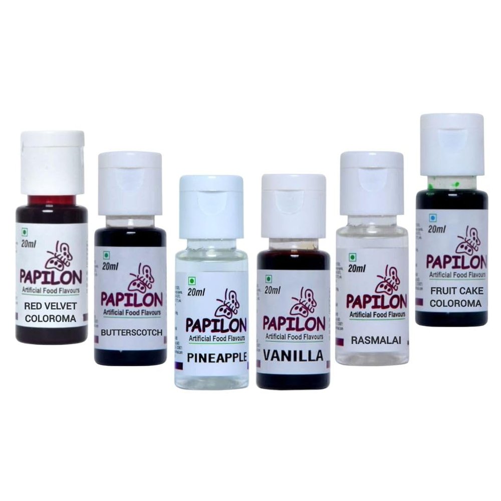 Papilon Culinary Essence Pack, 6 Bottles, 20ml Each, Vanilla, Pineapple, Rasmalai, Red Velvet Coloroma, Fruitcake Coloroma, Butterscotch
