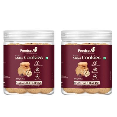 Feedsco Millet Cookies  Oatmeal & Raisins Flavor (200g Jar  2) | Multigrain Cookies with Ragi, Jowar & Bajra | No Maida Healthy Snack for Kids & Adults | Crunchy Oatmeal Raisin Biscuits
