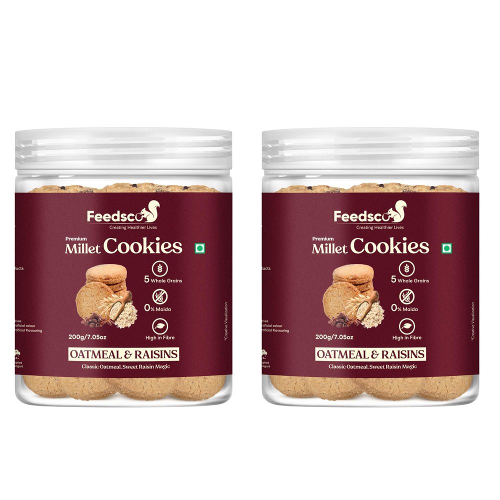 Feedsco Millet Cookies  Oatmeal & Raisins Flavor (200g Jar  2) | Multigrain Cookies with Ragi, Jowar & Bajra | No Maida Healthy Snack for Kids & Adults | Crunchy Oatmeal Raisin Biscuits