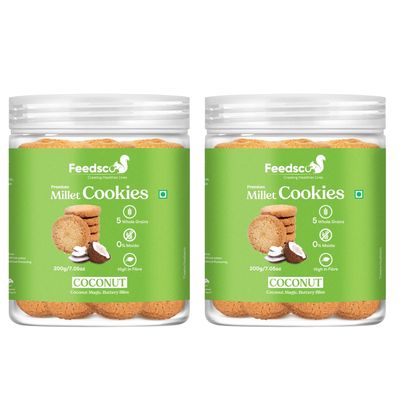 Feedsco Millet Cookies  Coconut Flavor (200g Jar  2) | Multigrain Cookies with Ragi, Jowar & Bajra | No Maida Healthy Snack for Kids & Adults | Crunchy Coconut Biscuits with Natural Ingredients