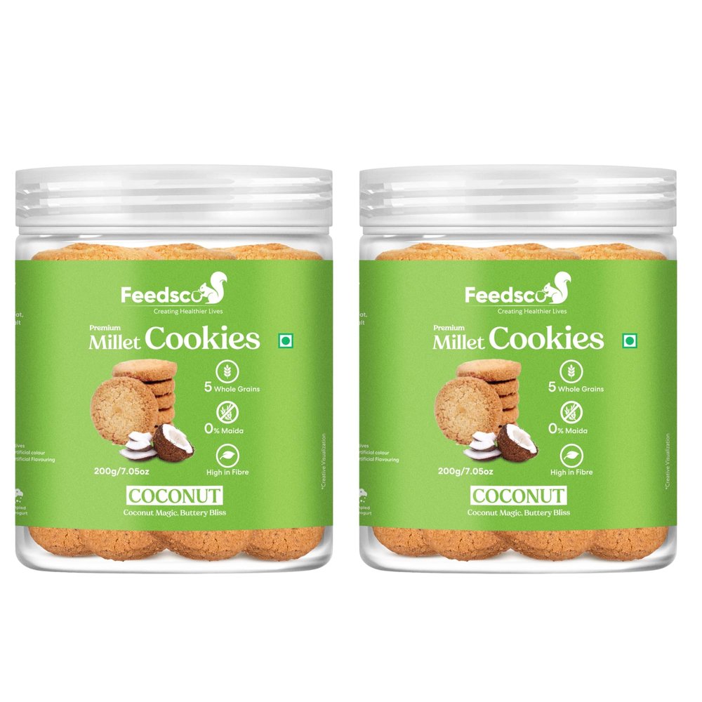 Feedsco Millet Cookies  Coconut Flavor (200g Jar  2) | Multigrain Cookies with Ragi, Jowar & Bajra | No Maida Healthy Snack for Kids & Adults | Crunchy Coconut Biscuits with Natural Ingredients