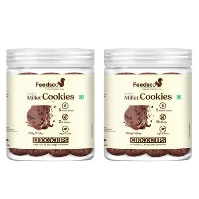 Feedsco Millet Cookies  Choco Chips Flavor (200g Jar  2) | Multigrain Cookies with Ragi, Jowar & Bajra | No Maida Healthy Snack for Kids & Adults | Crunchy Biscuits with Natural Ingredients