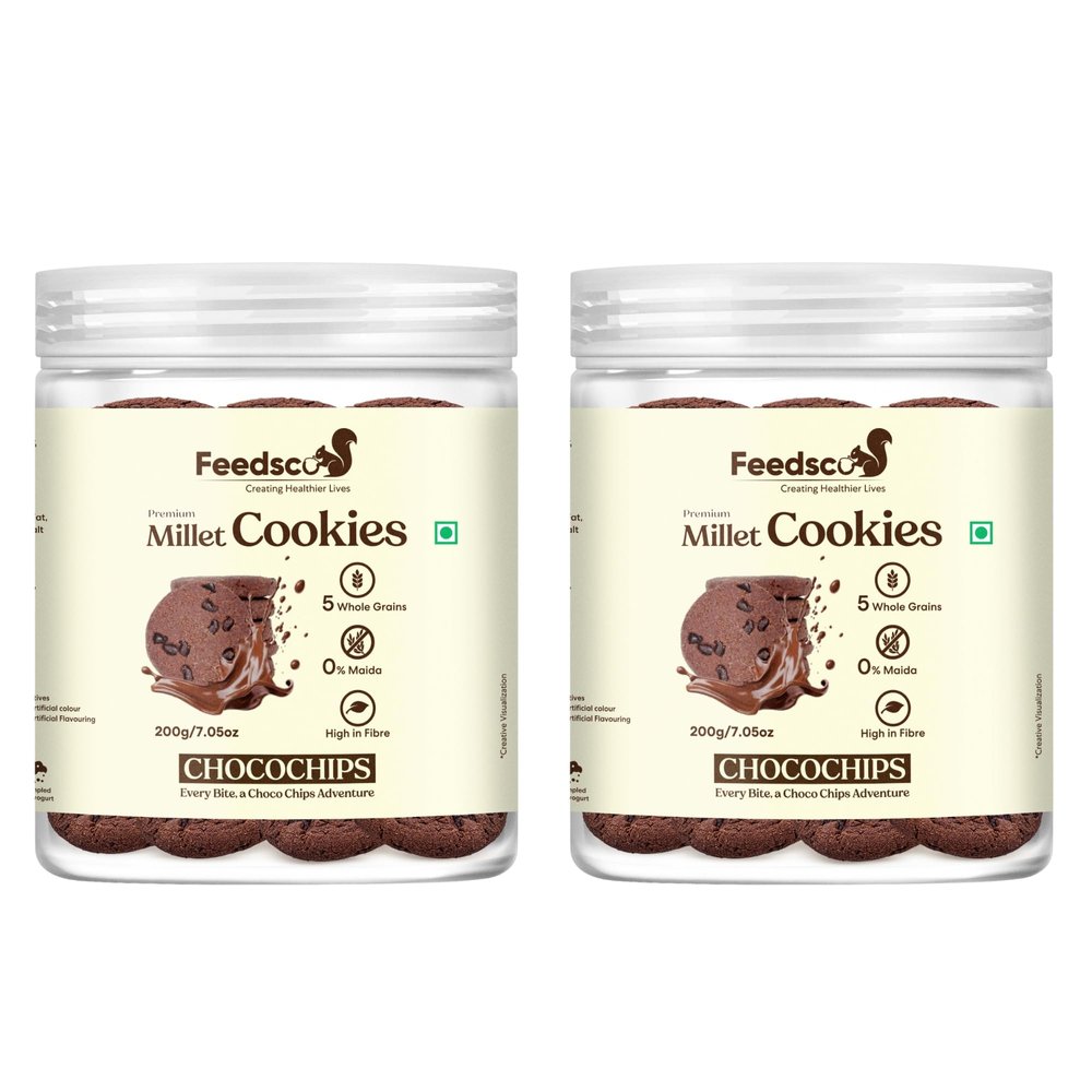 Feedsco Millet Cookies  Choco Chips Flavor (200g Jar  2) | Multigrain Cookies with Ragi, Jowar & Bajra | No Maida Healthy Snack for Kids & Adults | Crunchy Biscuits with Natural Ingredients