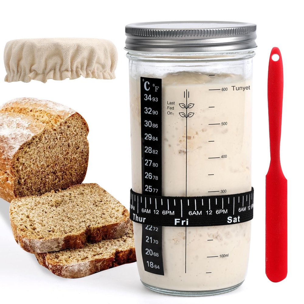 Supvox 730ml Sourdough Starter Kit, 25oz Sourdough Starter Jar with Metallic Lid, Silicone Spatula, Feeding Tracker, Extra Thermometer Strips & Breathable Covers Sourdough Bread Starter Kit