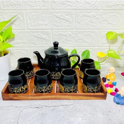 AAV World Pack of 7 Ceramic Black Shine Tea Set with Kettle (Pack of 6 Cup and 1 Kettle) (Black, Cup Set)