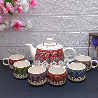 AAV World Pack of 1 Ceramic KASHMERI Art Kettle with Tea Cups (Multicolor, Cup Set)