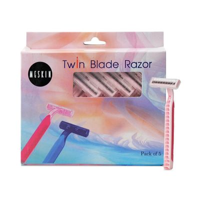 MESKIN 5Pcs Twin Blade Full Body Razor Sweden Stainless Steel Twin Blade Micro Shave Technology Anti-Slip Rubberised Grip for Better Shave Blue Rubber Grip Razor (Pack of 5) (Pink)