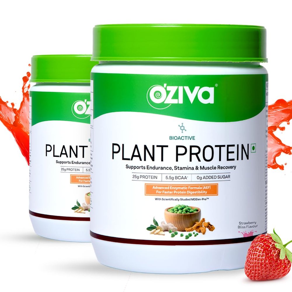 OZiva Bioactive Plant Protein (Strawberry) | 25g Protein,5.5 BCAA| Pea Isolate| Plant based Protein Powder for Women & Men | Essential Amino Acids| Vegan supplement,Sugar free, 500g Pack of 2