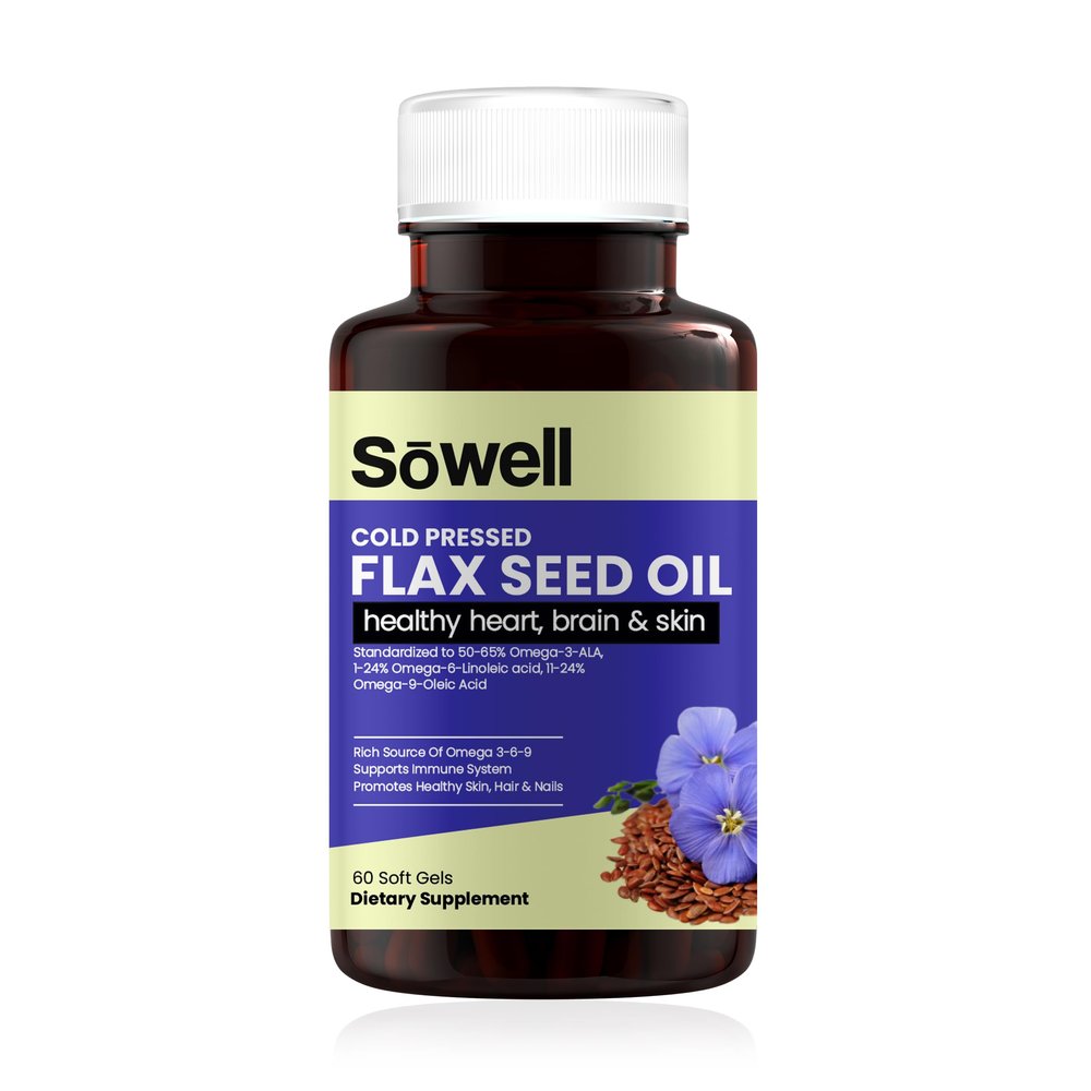 Sowell Cold Pressed Flax Seed Oil - Heart, Brain & Skin Health - 60 Softgel Dietary Supplement