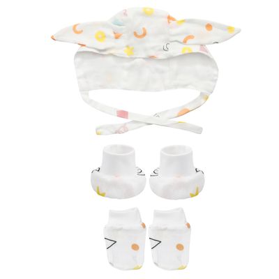 Gultum Premium New Born 100% Muslin Cotton Breathable Absorbent Combo Set. (1 Cap + 1 Mittens Set + 1 Booties Set)