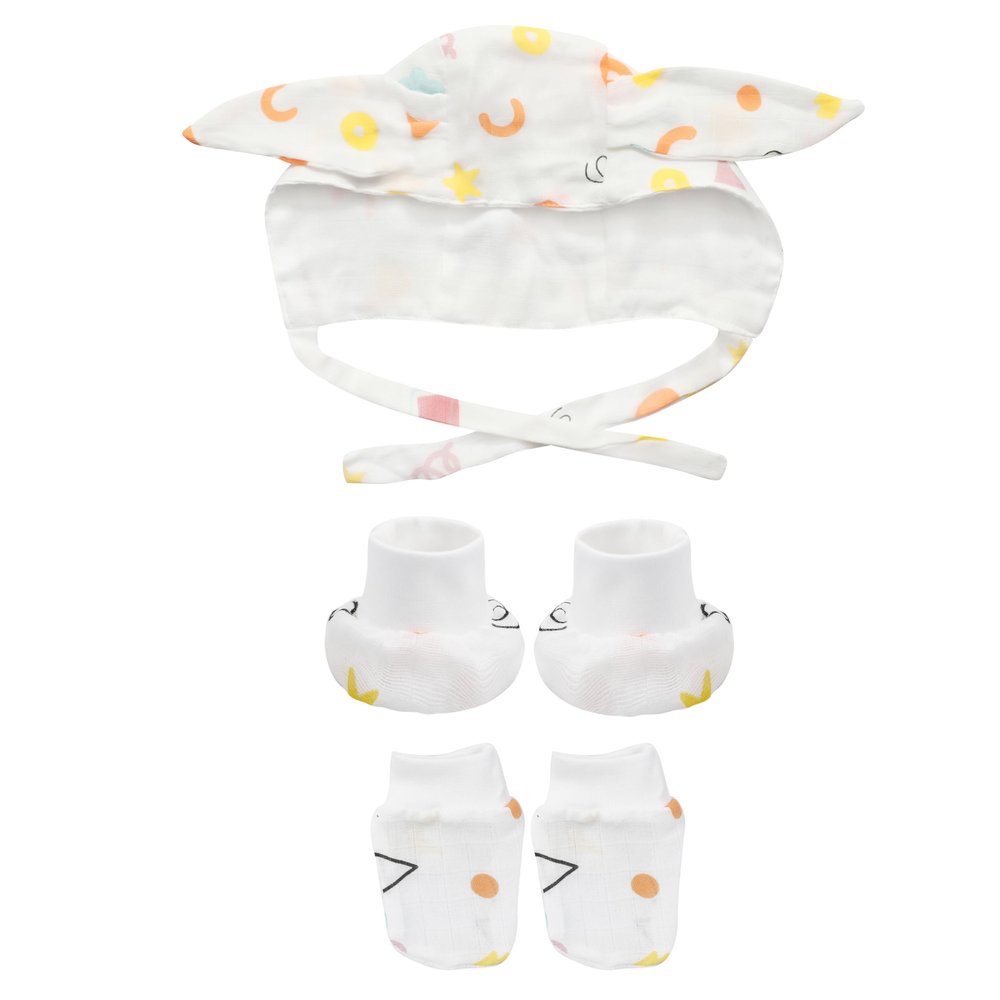 Gultum Premium New Born 100% Muslin Cotton Breathable Absorbent Combo Set. (1 Cap + 1 Mittens Set + 1 Booties Set)