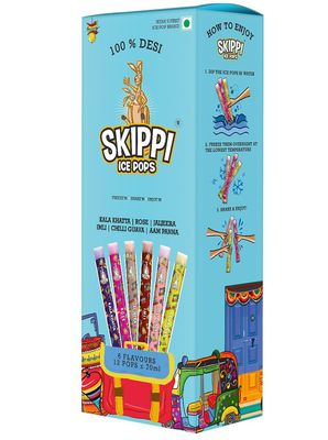 Skippi All Desi Flavour Ice Pops Box. Kala Khatta, Rose, Jaljeera, Imli, Chilli Guava, Aam Panna (2 Qty of 6 Indian flavours, 12 Ice pops X 70ml each) (Pack of 24)