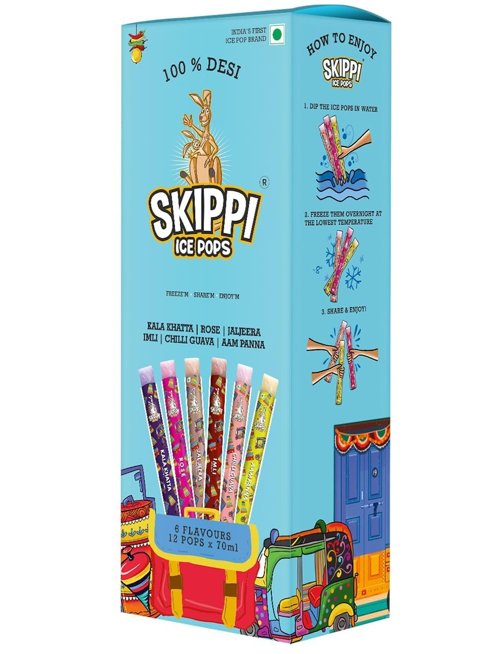 Skippi All Desi Flavour Ice Pops Box. Kala Khatta, Rose, Jaljeera, Imli, Chilli Guava, Aam Panna (2 Qty of 6 Indian flavours, 12 Ice pops X 70ml each) (Pack of 24)