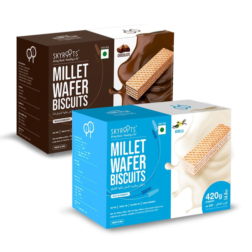 SKYROOTS Millet Wafer Biscuit - Vanilla & Chocolate Combo Pack | Healthy & Crunchy Snack | Naturally Gluten-Free | High Protein | Made with Jowar & Bajra Millets | No Maida, No Preservatives | 420g