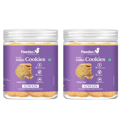 Feedsco Millet Cookies  Ajwain Flavor (200g Jar  2) | Multigrain Cookie with Ragi, Jowar, Bajra | Healthy, Gluten-Free & Low Sugar Cookies | No Maida Biscuits for Kids & Adults