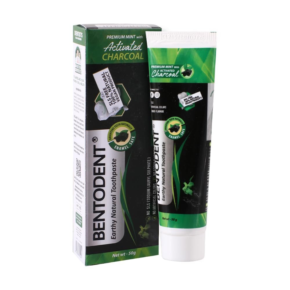 Bentodent Activated Charcoal Toothpaste, Herbal & Natural Teeth Whitening Toothpaste for Cavity Protection & Fresh Breath, Enriched with Bentonite Clay, Fluoride & SLS-Free, Safe for Daily Use, 50g