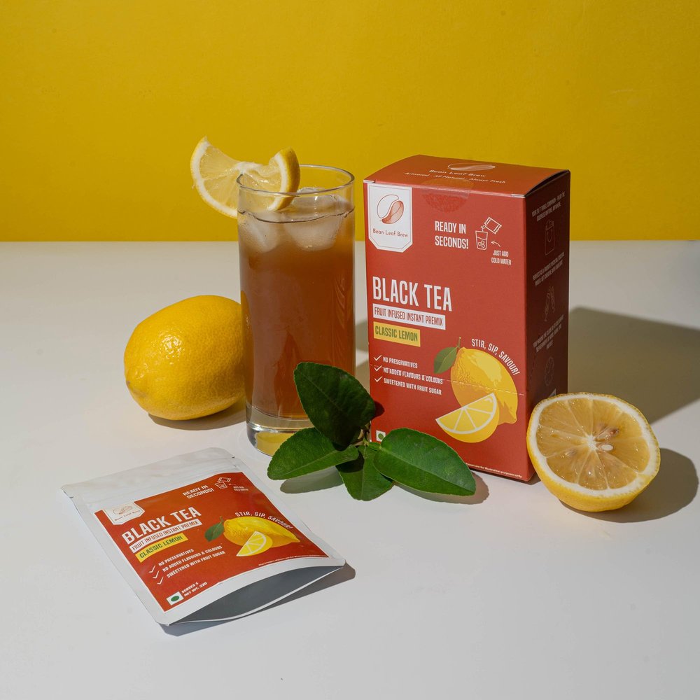 Bean Leaf Brew Black Tea Fruit Infused Instant Premix - Classic Lemon | No Preservatives, No Added Flavors or Colors | Sweetened with Fruit Sugar | 8 x 22g Sachets