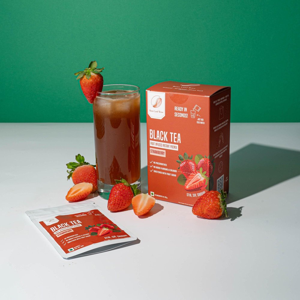 Bean Leaf Brew Black Tea Instant Fruit Infused Premix - Strawberry | No Preservatives, No Added Flavors or Colors | Sweetened with Fruit Sugar | 8 x 22g Sachets