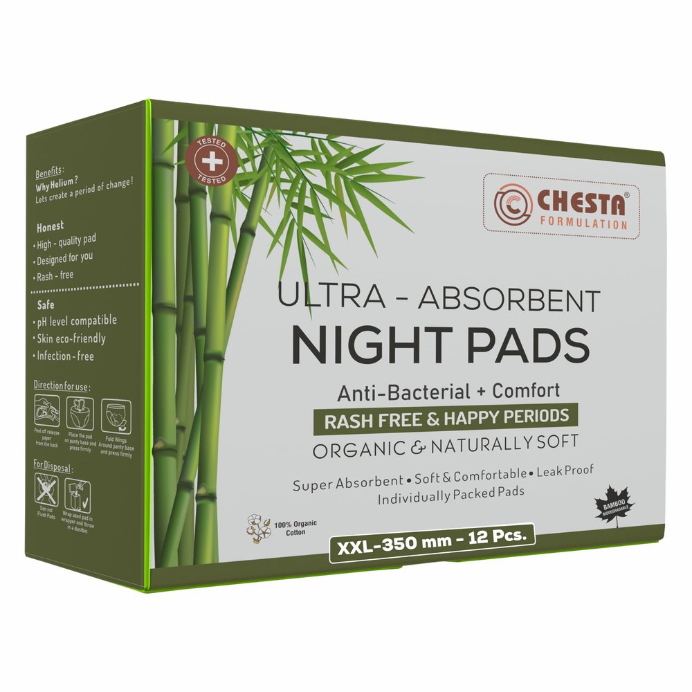 Chesta Formulation Helium Sanitary Pads for Women Ultra-Absorbent Night Pads [Size-XXL-350MM Pads-12PCS] Anti Bacterial + Comfort 100% Organic Cotton Bamboo Sanitary Pads Rash and Odour Free