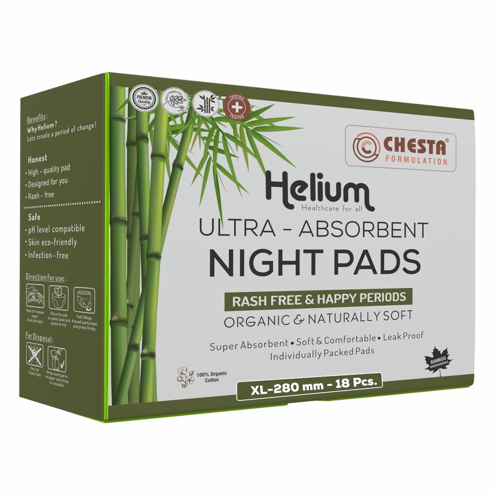 Chesta Formulation Helium Sanitary Pads for Women Ultra-Absorbent Night Pads [Size-XL-280MM Pads-18PCS] 100% Organic Cotton Bamboo Sanitary Pads With Ultra Soakage And LeakProof