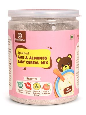 Equisential - Sprouted Ragi & Almonds Instant Porridge Infant Baby Cereal | No Maida | No Artificial Colours | No Added Sugar | No Preservatives | 75% Sprouted Ragi & 25% Almonds Mix - 6+ Month | 200Gms |