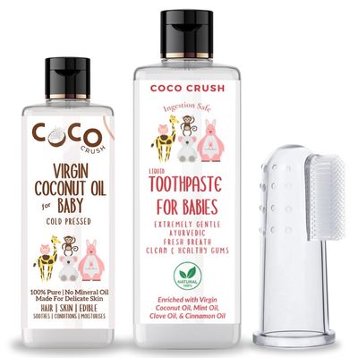 Combo of Virgin Coconut Oil, Toothpaste, & Finger Toothbrush for Babies | 100% Pure, Natural, Ingestion Safe, and Cold-Pressed (100ml Coconut Oil + 200ml Toothpaste + 1 brush) (300ml)