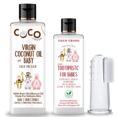 Combo of Virgin Coconut Oil, Toothpaste, & Finger Toothbrush for Babies | 100% Pure, Natural, Ingestion Safe, and Cold-Pressed (200ml Coconut Oil + 50ml Toothpaste + 1 brush) (200+50ml)