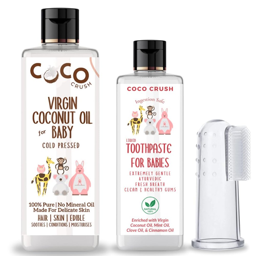 Combo of Virgin Coconut Oil, Toothpaste, & Finger Toothbrush for Babies | 100% Pure, Natural, Ingestion Safe, and Cold-Pressed (200ml Coconut Oil + 50ml Toothpaste + 1 brush) (200+50ml)