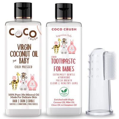 Combo of Virgin Coconut Oil, Toothpaste, & Finger Toothbrush for Babies | 100% Pure, Natural, Ingestion Safe, and Cold-Pressed (50ml Coconut Oil + 50ml Toothpaste + 1 brush) (100ml)