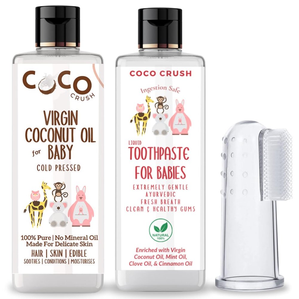Combo of Virgin Coconut Oil, Toothpaste, & Finger Toothbrush for Babies | 100% Pure, Natural, Ingestion Safe, and Cold-Pressed (50ml Coconut Oil + 50ml Toothpaste + 1 brush) (100ml)