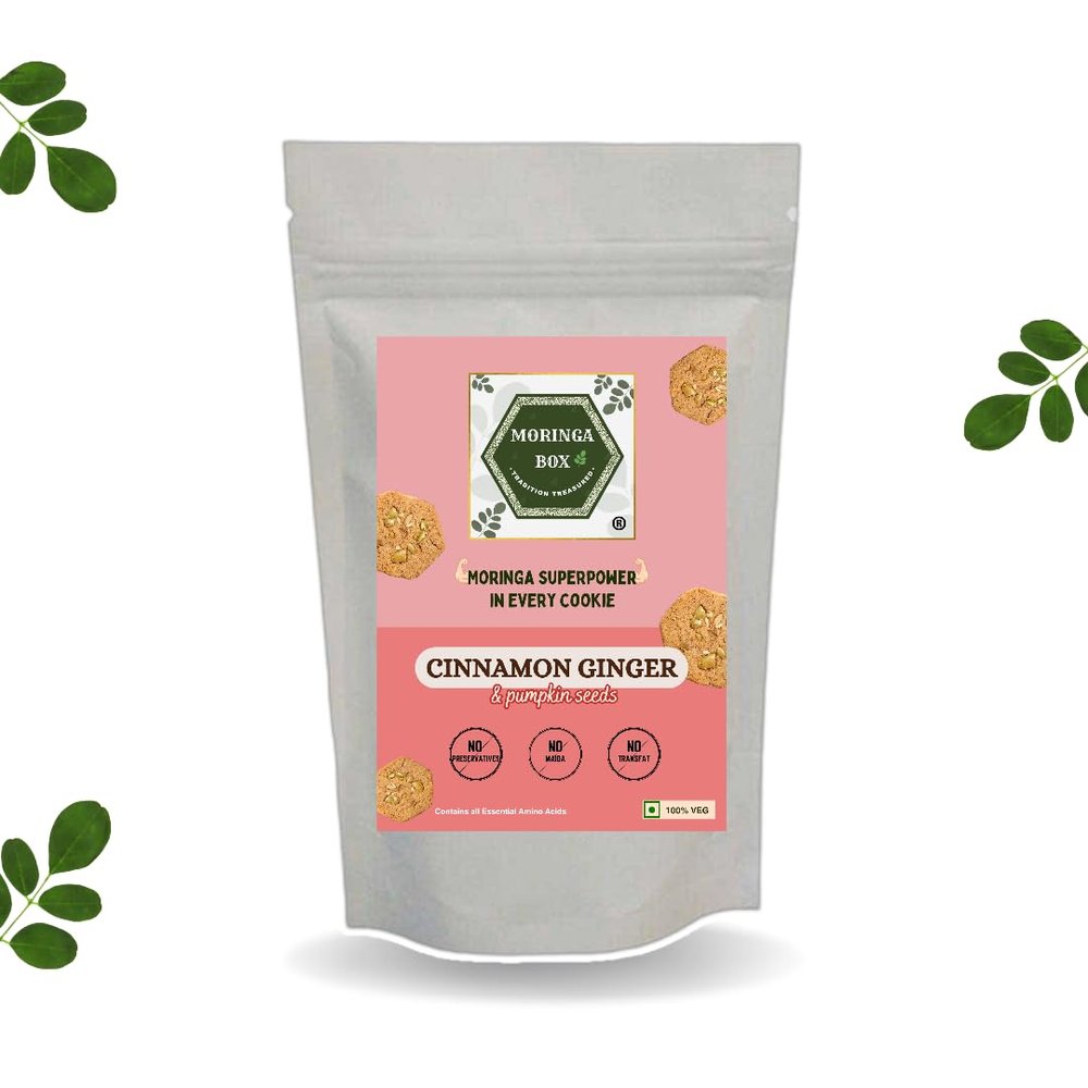Moringa Box Cinnamon Ginger & Pumpkin Seed Cookies, Breakfast, Enriched with Moringa Leaves, 100% Natural, Whole Wheat, Buckwheat, No Maida, Homemade & Handcrafted Premium Cookies, Vegetarian, Gifting Pack, 90g Pack
