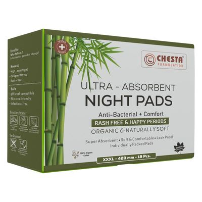 Chesta Formulation Helium Sanitary Pads for Women Ultra-Absorbent Night Pads [Size-XXXL-420MM Pads-18PCS] Anti Bacterial + Comfort 100% Organic Cotton Bamboo Sanitary Pads Rash and Odour Free
