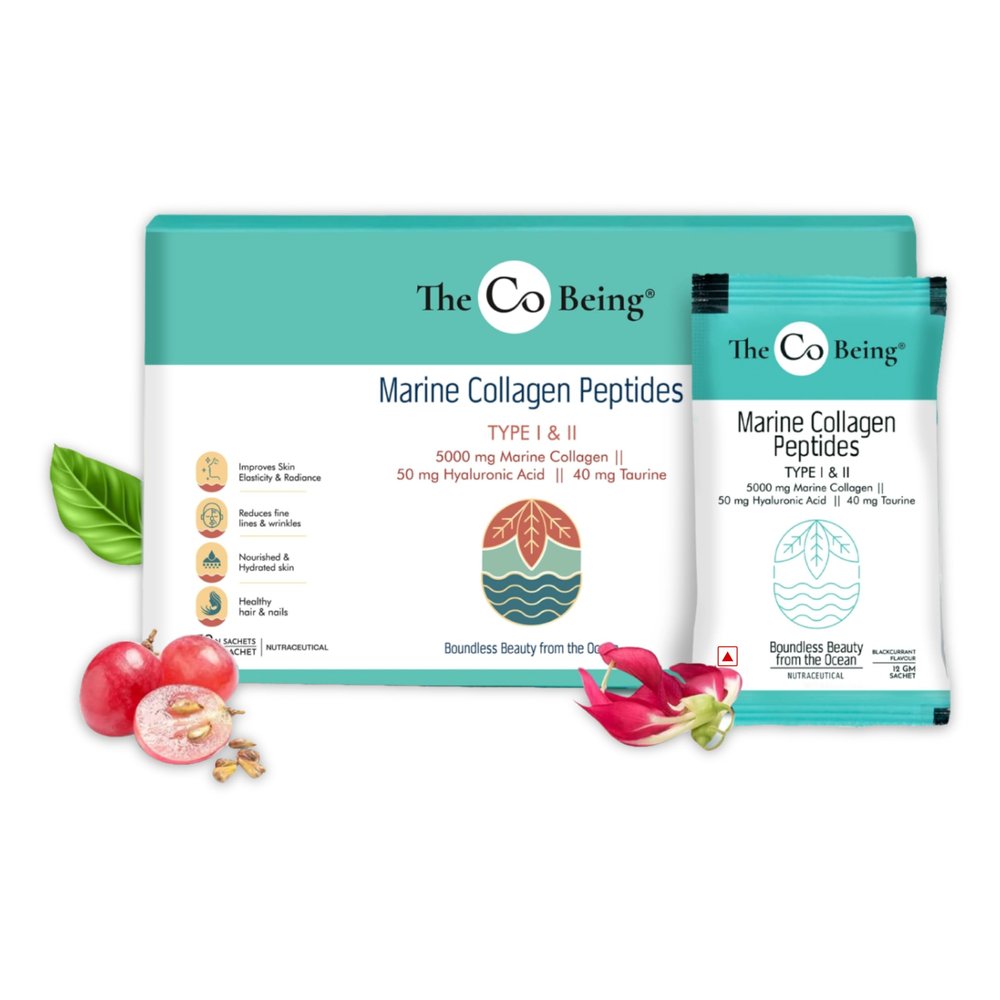 The Co Being Marine Collagen Peptides for Men and Women | Collagen Supplement for Skin, Hair & Nails | 5000mg Pure and Hydrolyzed Type 1 & 2 | 12g x 30 Sachets | Blackcurrant Flavor