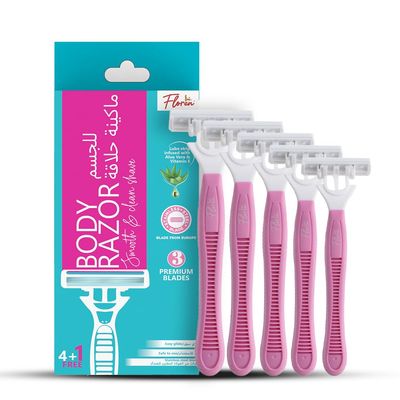 Floren Disposable Body Razors for Women - Pack of 5 | With Aloe Vera & Vitamin E Strip | 3 Premium SS European Blade | Smooth & Clean Shave | Hair Removal | For Arms, legs and Bikini Line |(Buy 4, Get 1 Free)|