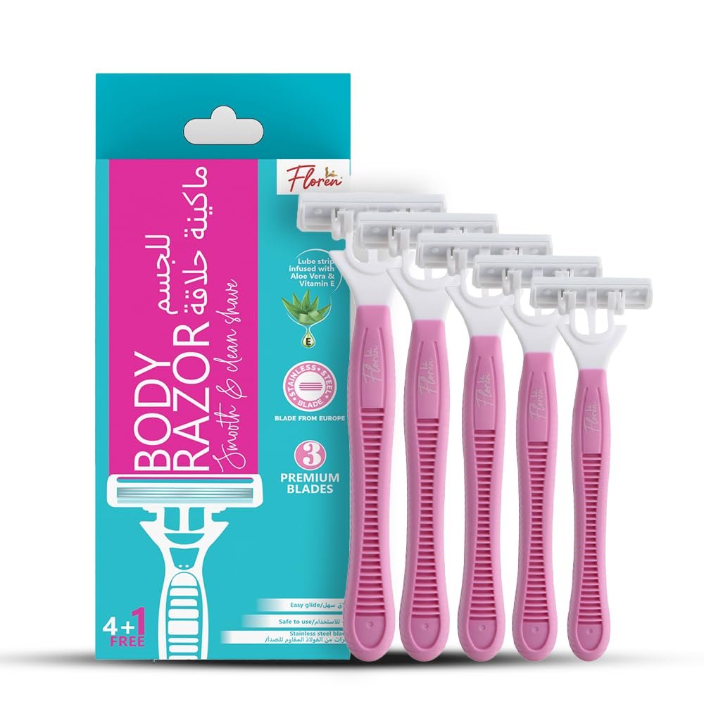 Floren Disposable Body Razors for Women - Pack of 5 | With Aloe Vera & Vitamin E Strip | 3 Premium SS European Blade | Smooth & Clean Shave | Hair Removal | For Arms, legs and Bikini Line |(Buy 4, Get 1 Free)|