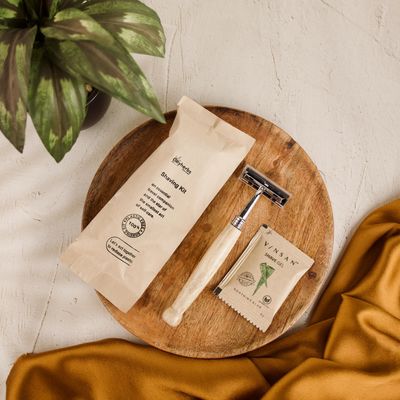 Clayherbs Sustainable (Pack-50) Shaving Kit For Hotel Room Toiletries, Travel, Guest Amenities, Eco-Friendly, Plastic-Free Paper Shaving Gel Sachets, Biodegradable, Sustainable Bamboo Handle Razor-Twin Blade, Sustainable grooming product