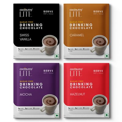 Cocosutra LITE Sugar Free Drinking Chocolate Sachets | 4 Hot Chocolate Flavors | Low Carb, Low Calorie | Stevia & Erythritol based | Vegan | Keto Friendly | Ready in 2 Minutes | 4 Sachets | 20g each