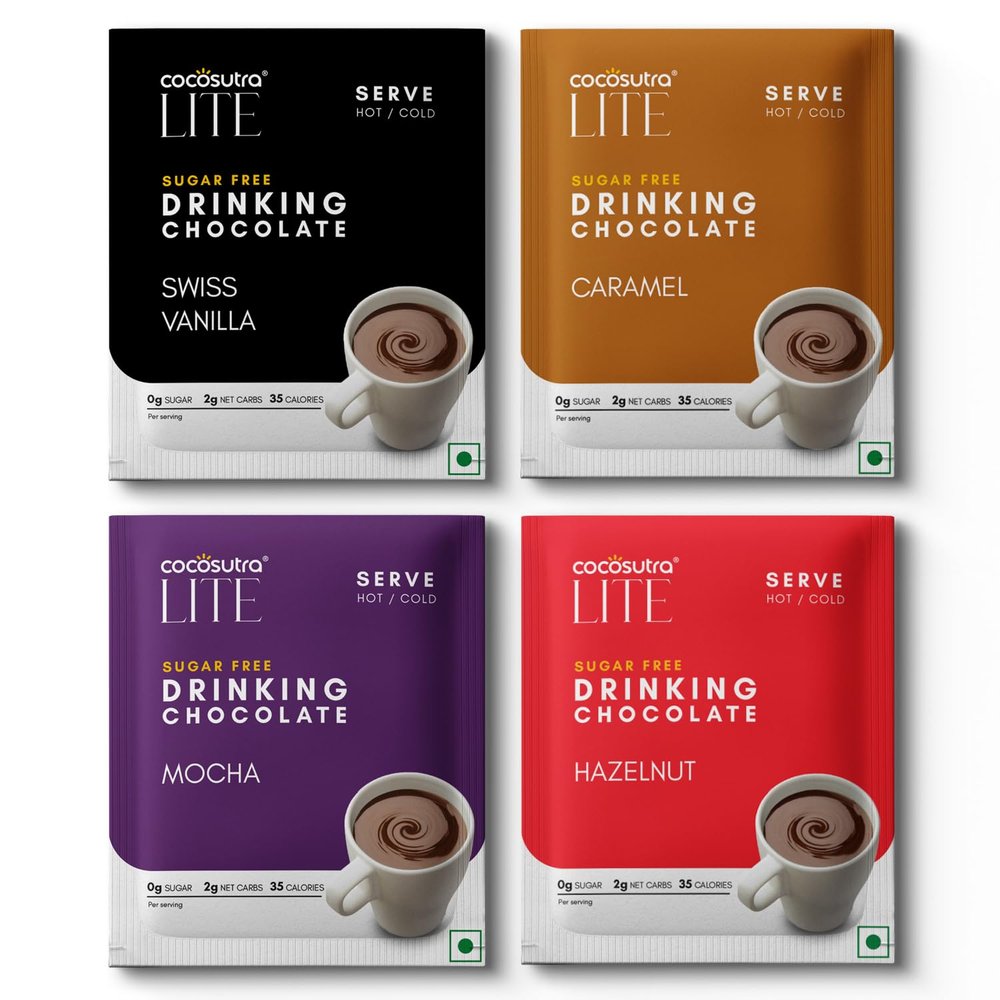 Cocosutra LITE Sugar Free Drinking Chocolate Sachets | 4 Hot Chocolate Flavors | Low Carb, Low Calorie | Stevia & Erythritol based | Vegan | Keto Friendly | Ready in 2 Minutes | 4 Sachets | 20g each