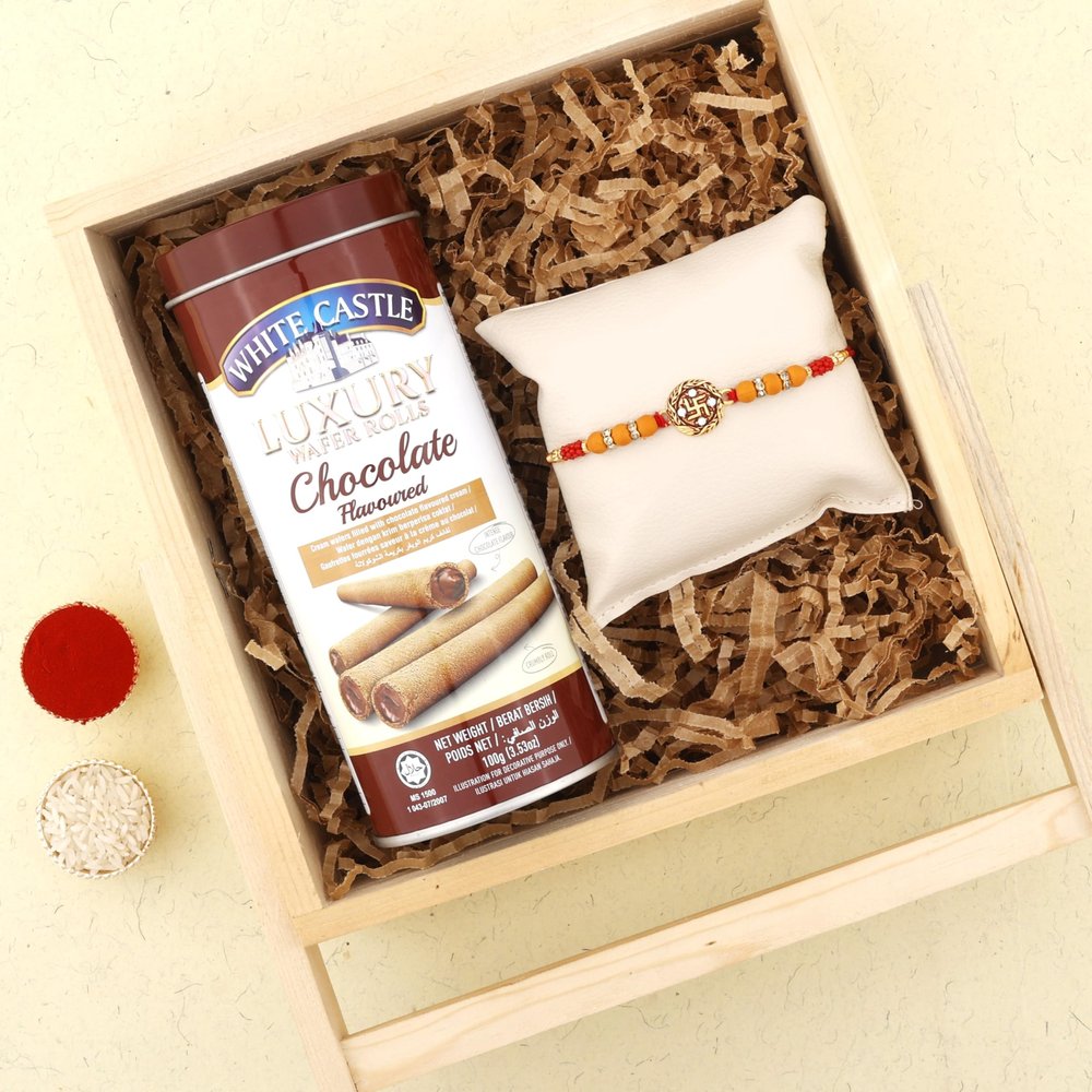 SFU E Com Aspecious Swastik Rakhi And Luxurious Cocoa Rolls | Rakhi Chocolate Gift Pack | White Castle Chocolate | 24