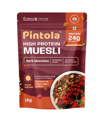 Pintola High Protein Muesli Dark Chocolate & Cranberry 1kg, 24g Protein, High Fibre, Trans Fat Free with Brown Sugar, Real Fruits, Muesli for Breakfast Food, Muselies Fruit Nuts and Seeds 1 kg