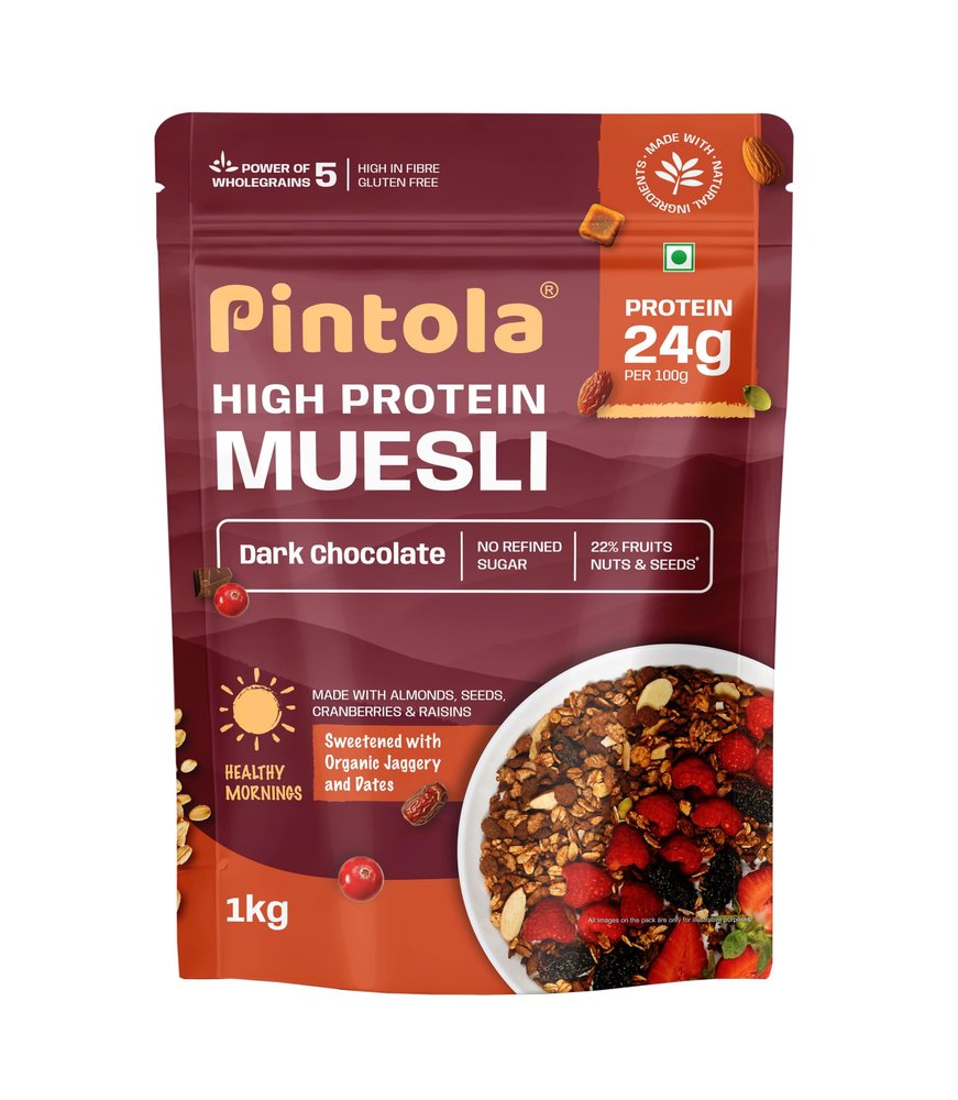 Pintola High Protein Muesli Dark Chocolate & Cranberry 1kg, 24g Protein, High Fibre, Trans Fat Free with Brown Sugar, Real Fruits, Muesli for Breakfast Food, Muselies Fruit Nuts and Seeds 1 kg