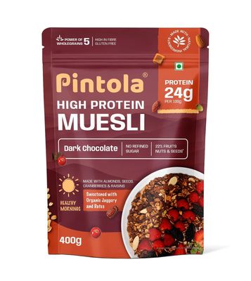 Pintola High Protein Muesli Dark Chocolate & Cranberry 400g, 24g Protein, High Fibre, Trans Fat Free with Brown Sugar, Real Fruits, Muesli for Breakfast Food, Muselies Fruit Nuts and Seeds (400g)